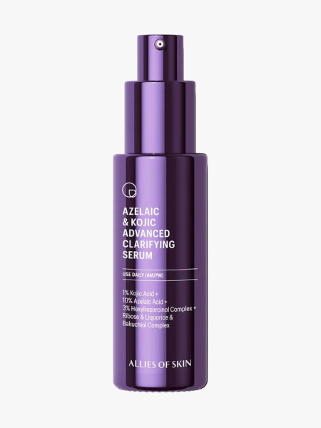 Allies of Skin Azelaic & Kojic Advanced Clarifying Serum in branded component on a light gray background